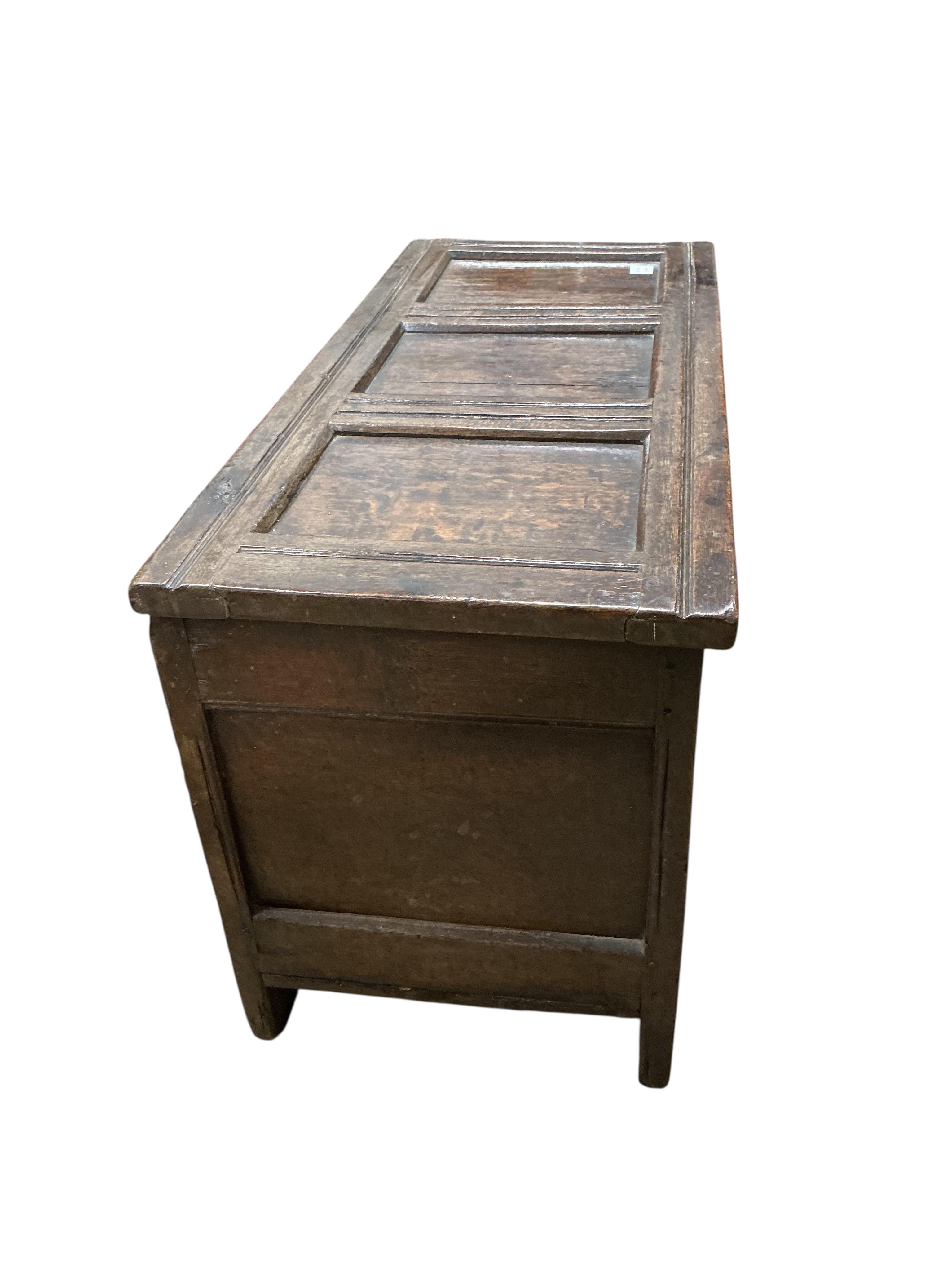 A small 17th century oak triple panelled coffer, width 106cm, depth 46cm, height 59cm